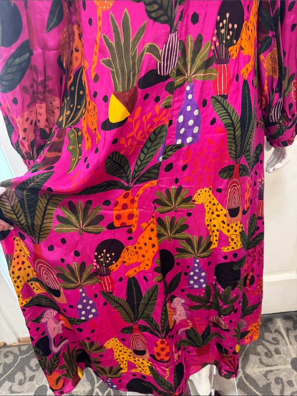 Farm Rio Jungle Print Maxi Dress Womens Pink Leopard Monkey Long Sleeve Sz S - Picture 13 of 16